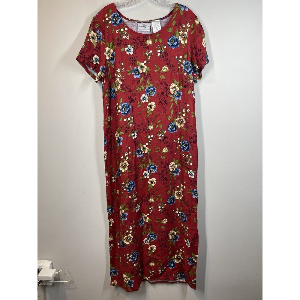 Vtg Y2K 90s Maxi Dress Womens Size 12 Burgundy Red Floral Cottage Grunge Modest
